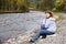 Mountain river. Portrait girl. Autumn landscape. Altai