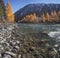Mountain river, stony shore, bright autumn landscape