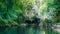 Mountain river and tourists in a boat in a canyon in Georgia