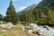 Mountain river water landscape. Alps. The cloudy sky in clear sunny day. Warm summer. Time for pedestrian tourism and family holid