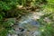 Mountain riverbed, summer sunny day, Aminov Nature Park Russia, Adygea region, traveling in the wild.