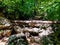 Mountain riverbed, summer sunny day, Aminov Nature Park Russia, Adygea region, traveling in the wild.