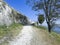 Mountain road along the stone fortress in Abkhazia on New Athos.