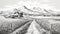 Mountain Road Farm Illustration: Black And White Realism With Delicate Shading
