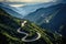 Mountain road in the mountains, closeup of photo, China, A bird\\\'s-eye of a winding asphalt road through pine tree-covered