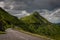 Mountain road or  pass , pas de peyrol ,auvergne, cantal France , landcape , with cloudy sky ,walking ,adventure holiday