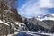 Mountain road, rocks m forest in the snow in the Alps on a Sunny winter day