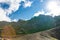 Mountain road view. Alpine mountain canyon landscape.