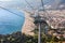 Mountain ropeway connects city and Alanya castle, cityscape from the cabin of cableway with the Kleopatra beach. The Alanya,