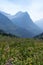 Mountain scenery with hazy skies and wildflowers in Glacier National Park along Going to the Sun Road