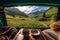 Mountain scenery view as seen from inside a campervan, with legs and a cup of coffee visible in the foreground. Ai generated