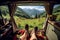 Mountain scenery view as seen from inside a campervan, with legs and a cup of coffee visible in the foreground. Ai generated