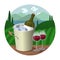 Mountain and sea landscape with vineyards, bottle in wine cooler and two filled wine glasses. Vector cartoon round illustration