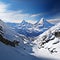 Mountain serenity Breathtaking panoramic scene featuring snow covered peaks