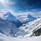 Mountain serenity Breathtaking panoramic scene featuring snow covered peaks