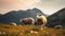 Mountain Serenity, Units with Sheep Grazing in Alpine Meadows amidst Breathtaking Scenery. Generative AI