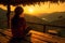 Mountain Serenity Woman Embracing Nature\\\'s Golden Hour on Wooden Porch Overlooking High Cliff. created with Generative AI