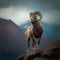 Mountain sheep goat argali on top of a rock against the backdrop of a mountain landscape close-up, beautiful natural background,