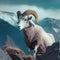 Mountain sheep goat argali on top of a rock against the backdrop of a mountain landscape close-up, beautiful natural background,