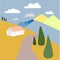 Mountain shelter on mountain landscape background. Flat design blue yellow mountain sky white cloud white