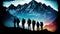 Mountain silhouettes hiking towards majestic mountain peak ,generative AI