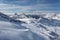 Mountain skiing - panoramic view from Plateau Rose at the ski slopes and Cervinia, Italy, Valle d& x27;Aosta, Breuil-Cervinia,