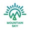 Mountain sky logo. Green blue hills, sky and sun line icon. Mountain peaks linear symbol.