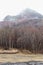 Mountain with snow and fog on the top and trees below at carpark of Noboribetsu Bear Park in Hokkaido, Japan