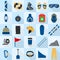 Mountain snowboarding equipment icons set, flat style