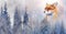 Mountain snowy landscape with fox, graphic effect