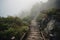 Mountain staircase in the morning foggy weather