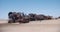 Mountain, stone desert panorama Boliva and a train cementery