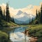 Mountain Stream Fishing: Realistic Color Palette And Bold Lithographic Style