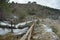 Mountain stream, flood. Flooded path. Closed trail. Ruidera National Park.