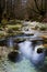 Mountain stream flowing over moss covered rocks in autumn forest