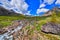 Mountain stream summer sunny day . Alpine Tundra