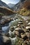 mountain stream, surrounded by rocks and grass, flows through a peaceful, sunlit valley, ai generative