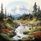 Mountain Stream In The Woods: Bold Lithographic Art Sticker Of Mount Rainier