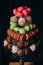 The mountain of sugar gluttony. Colorful macaroons on a black background in pastry shop. Pyramid of multicolored macaroons or