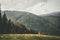 Mountain summer landscape. Forest belt with tall trees against the background of green mountains. Rest and reboot in the mountains