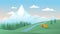 Mountain summer landscape vector illustration, cartoon flat peaceful mountainous nature scenery with tourist tent camp
