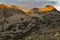 Mountain at sunrise with camping panoramic view