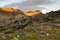 Mountain at sunrise with camping panoramic view