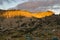 Mountain at sunrise with camping panoramic view