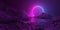 Mountain terrain landscape with pink and blue glowing neon light circle shape and shiny floor, retro technology or futuristic