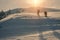 Mountain tourists go to a snowstorm in the mountains.