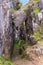 Mountain trail descending into canyon with hanging rock above en