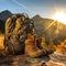 Mountain Trail Sunrise: Backpack and Boots