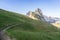 Mountain trail to the Seceda. View of Odle Mountain range in Dolomites. Italy