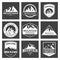 Mountain travel, outdoor adventures logo set. Hiking and climbing labels or icons for tourism organizations, events